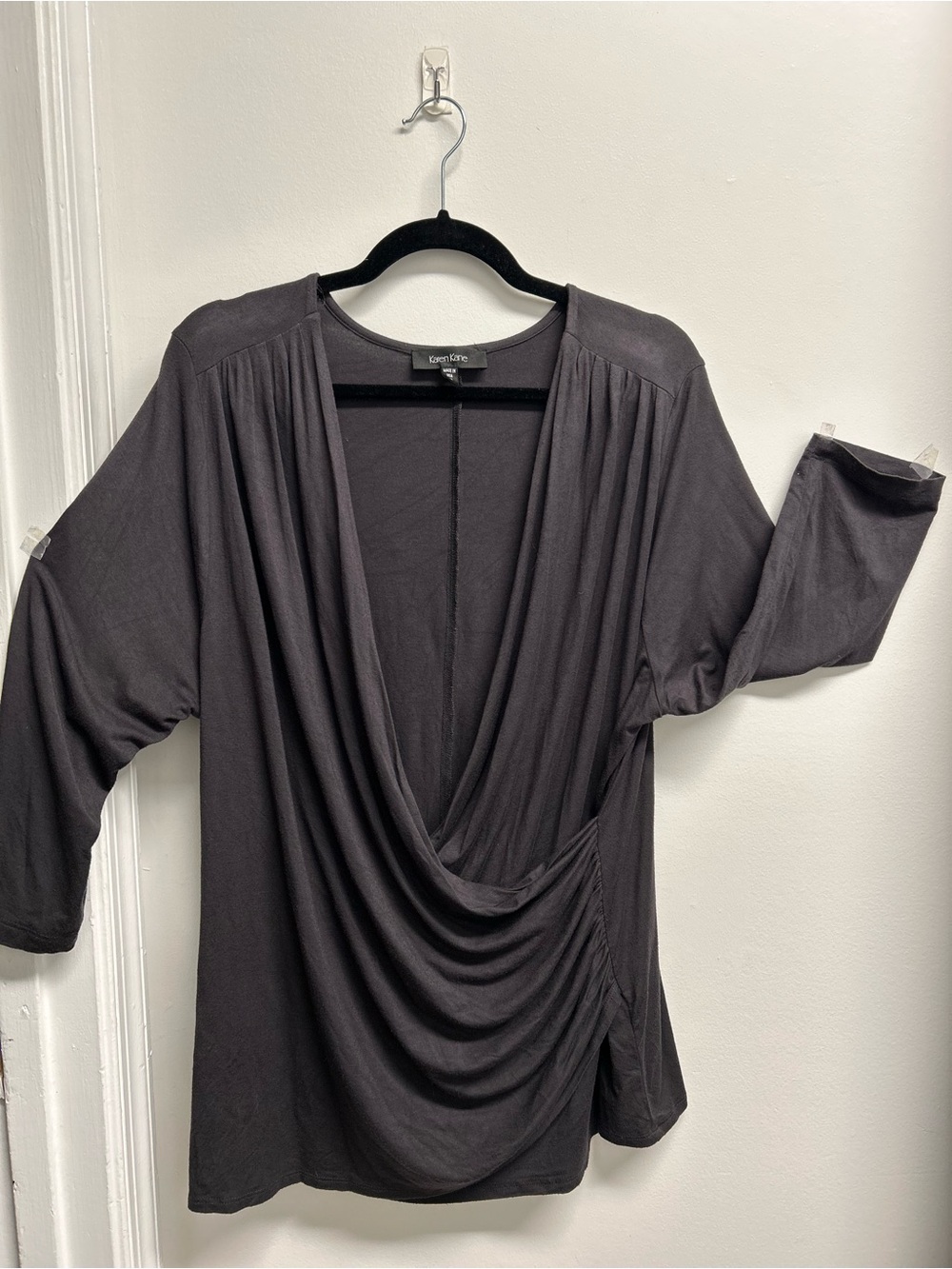 Karen Kane Charcoal Draped cowl surplice 3/4 Sleeve Top